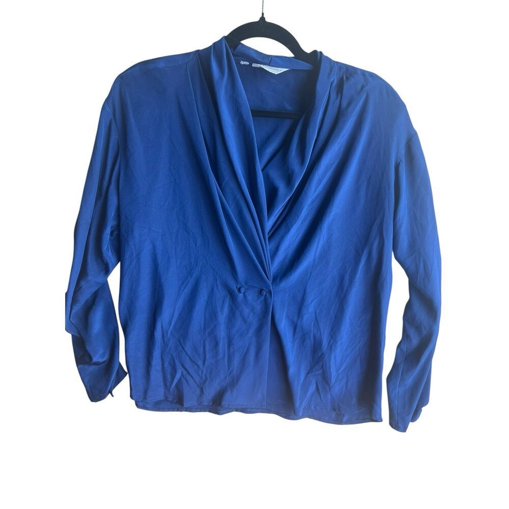 Vintage Women's LARGE Cowl Neck Retro Secretary Glam Satin Blouse NAVY Blue